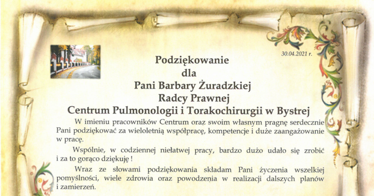 Podziękowanie dla Radcy Prawnej Barbary Żuradzkiej – Centrum Pulmonologii Torakochirurgii w Bystrej