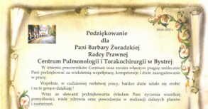 Podziękowanie dla Radcy Prawnej Barbary Żuradzkiej – Centrum Pulmonologii Torakochirurgii w Bystrej